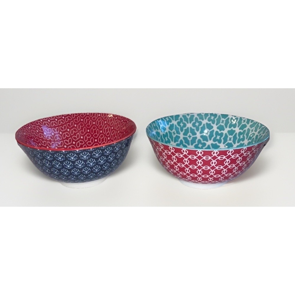 Dowan Ceramic Cereal/Soup Bowls 6" Set of 2 Multi Color Pattern